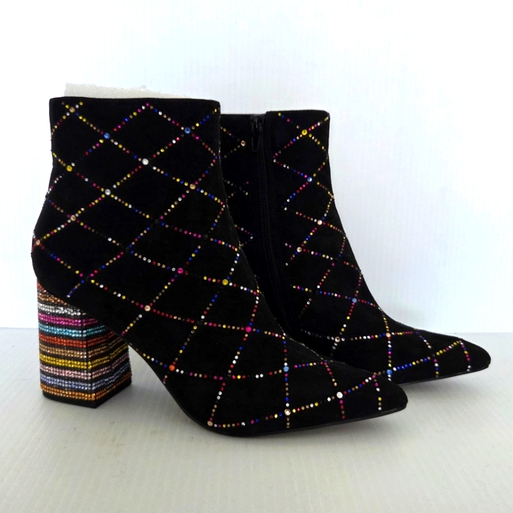 Betsey Johnson Kassie Rhinestone Block Heel Ankle Boots, Black, 8.5